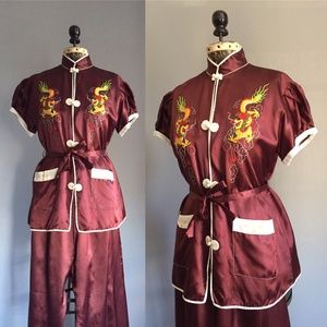 40s 50s Midcentury Pajamas - Burgundy Rayon Satin